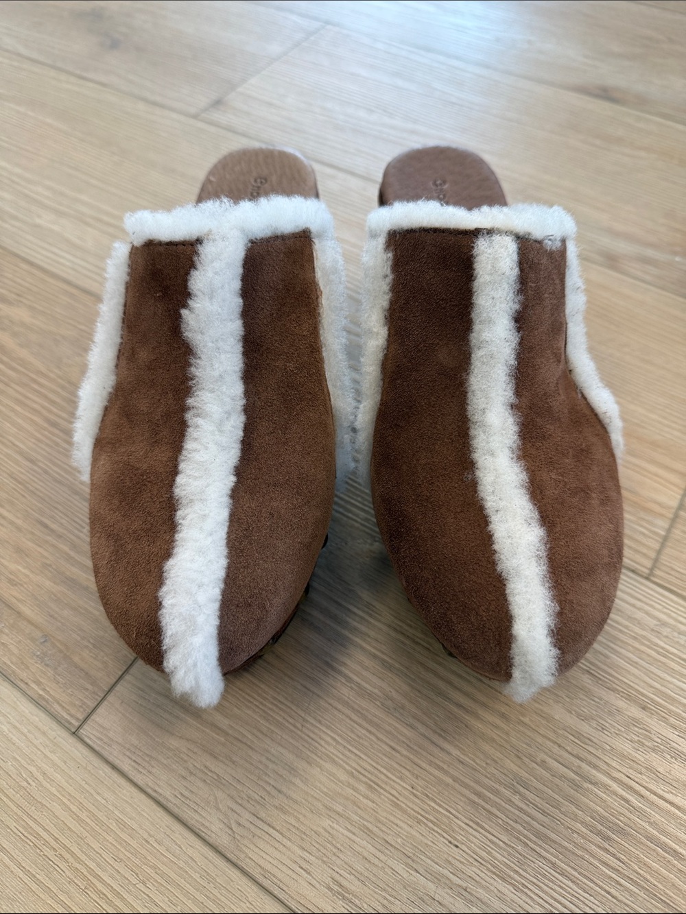 Chocolat Blu Brown Suede Slip-On Mules with White Shearling Trim